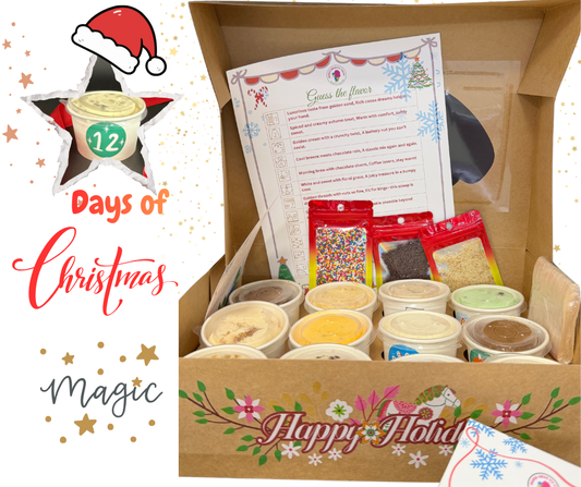 Box of 12 Days of Christmas Magic' with festive decorations. 12 Days of Christmas box.