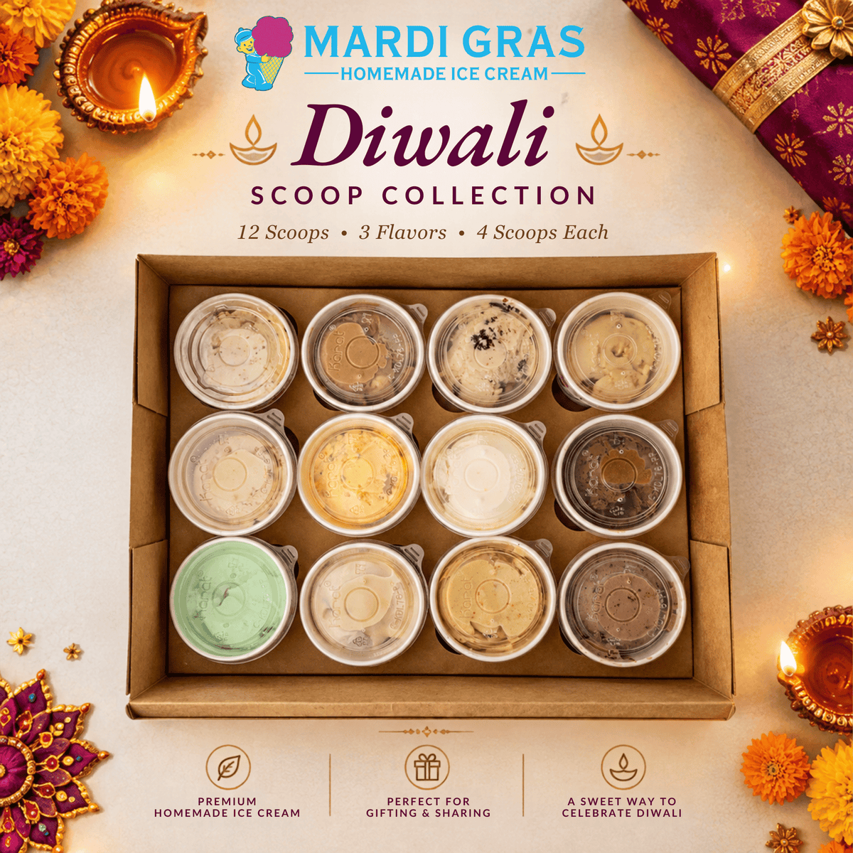 Diwali Ice Cream Gift Box – 12 Scoops, 3 Flavors