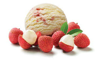 Creamy lychee ice cream scoop, soft pink and refreshing.